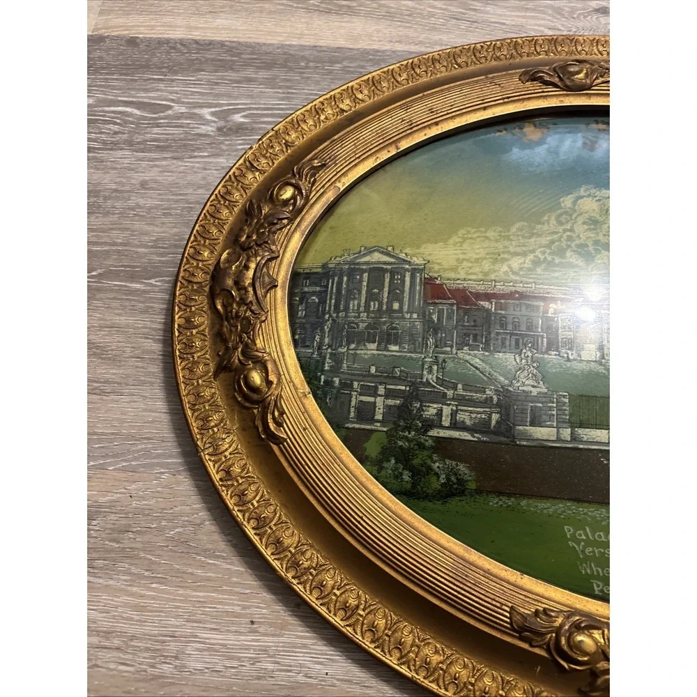 Antique Reverse Painted Bubble Glass Versailles France Gilded Oval Frame 24